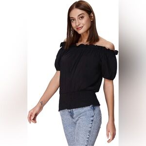 Meaneor Black Smocked Off-Shoulder Blouse